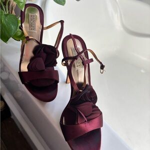 Badgley Mischka Burgundy Satin Floral Accent Heels